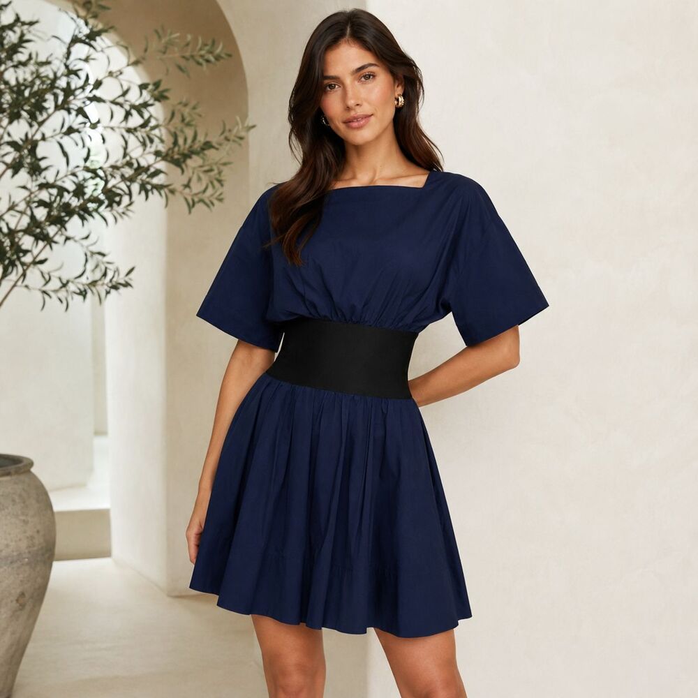 STAUD Amy Dress Small Navy Cotton Poplin Contrast Waist Fit Flare Mini Pockets